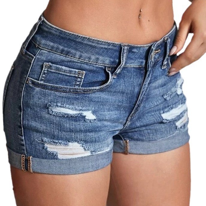 Skinny Jeans Ripped - Yüksek Bel Yıkanmış Kot Şortlar Eskitme