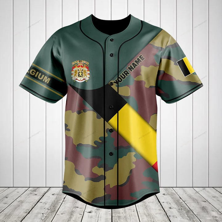 Mens Fashion Baseball Jersey - Özel İsimli Belçika Bayraklı Kamuflaj Desenli