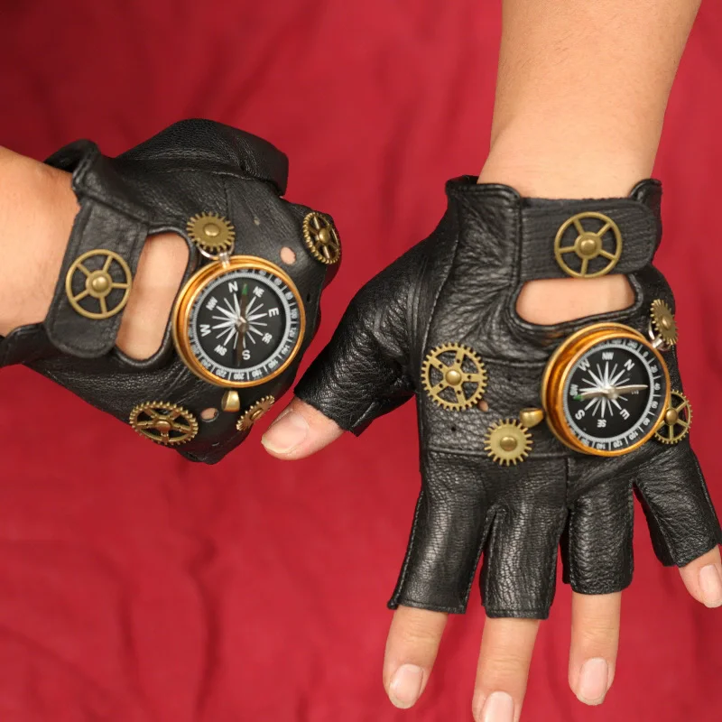 Men'S Fashion Gloves - Steampunk PU Deri Parmaksız Pusula Eldiven