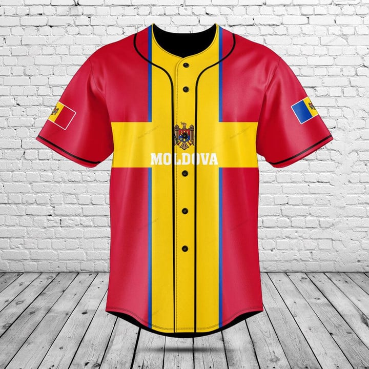 Mens Fashion Baseball Jersey - Özel İsimli Moldova Bayraklı Grafik Düğmeli