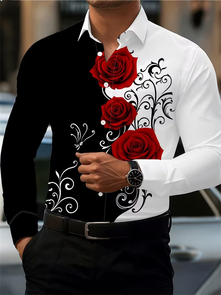 Men'S Fashion Outfits - Erkek Kırmızı Gül Baskılı Uzun Kollu