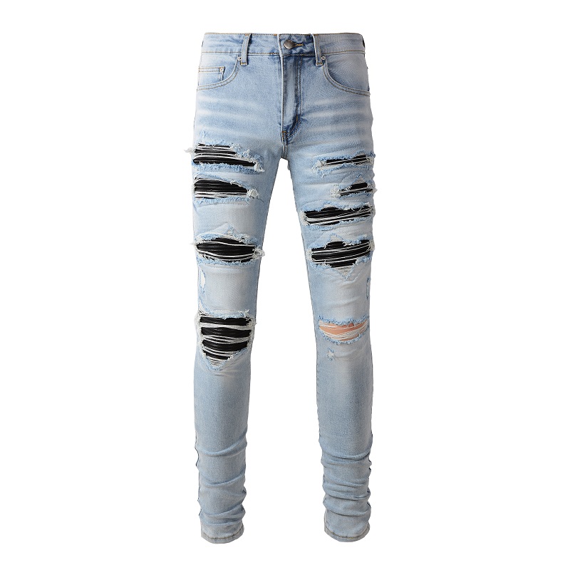 Skinny Jeans Ripped - Erkekler siyah pilili yama Biker kot